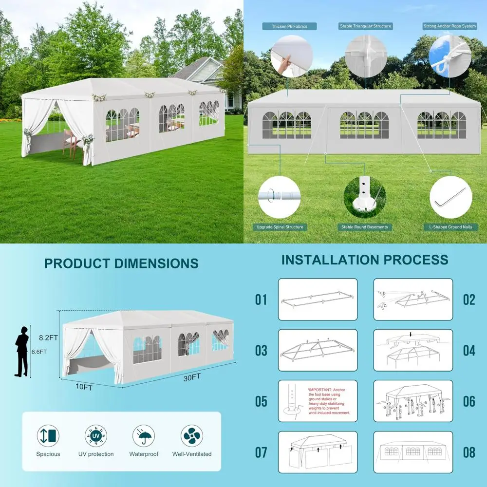 

10' x 30' Outdoor Canopy Tents with 8 Detachable Sidewalls, White Patio Gazebo Tents, Shade Shelters for Birthday, Events, Party