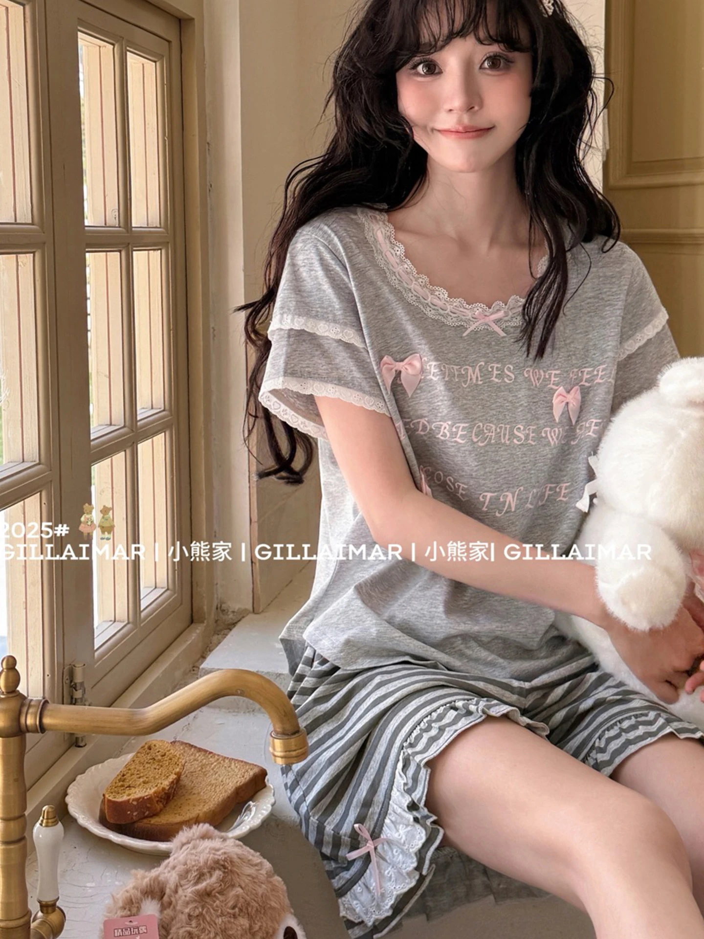 Summer new ins cute cat polka dot short-sleeved pajama set thin mercerized cotton loungewear set women