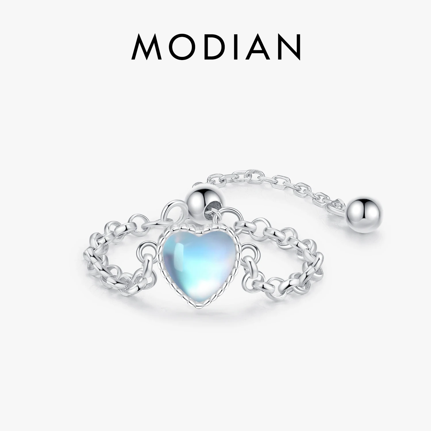 

MODIAN Real 925 Sterling Silver Trendy Heart Moonstone Link Chain Adjustable Finger Ring Elegant Party Jewelry For Women Gifts