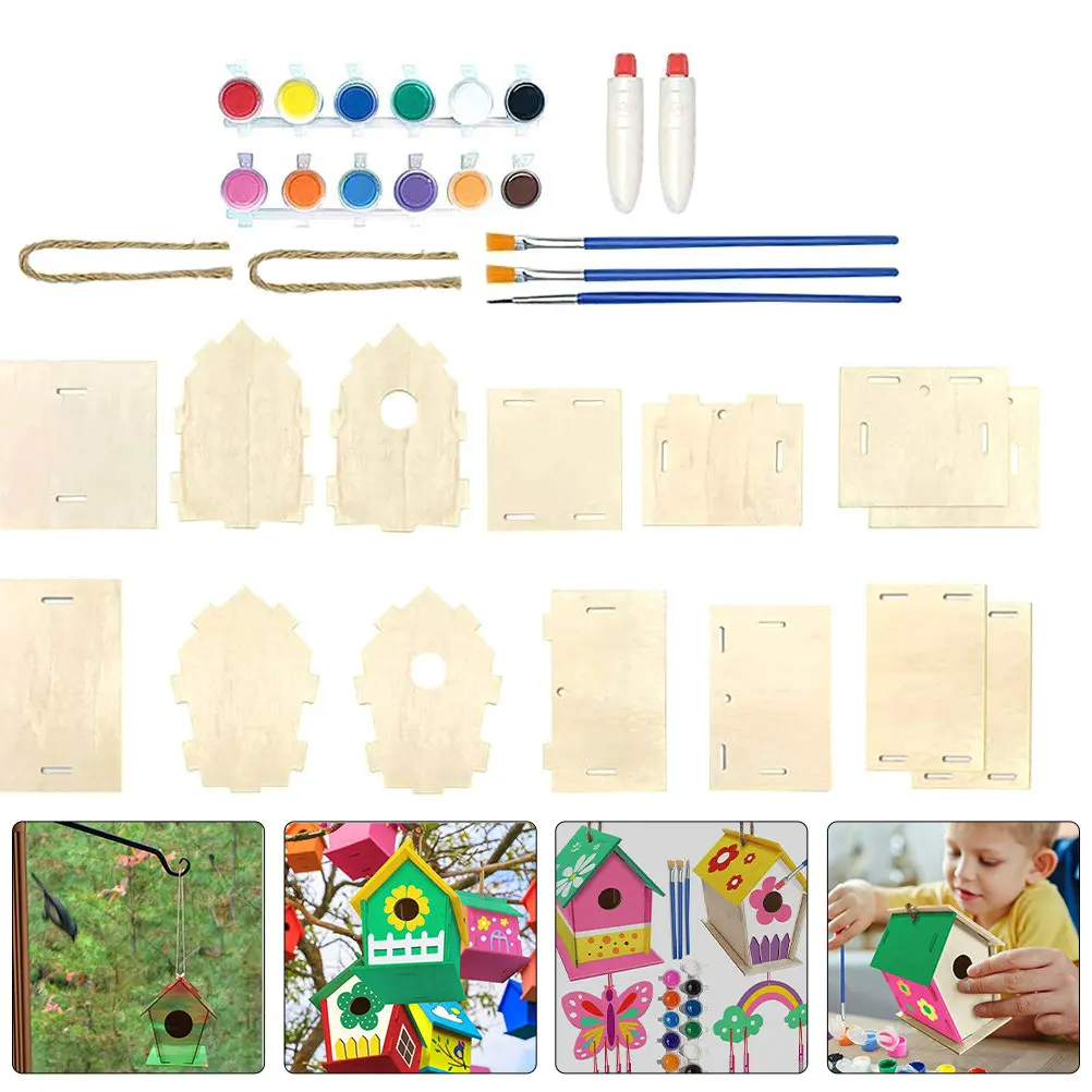 1Set Bird House Wind Chime Kit Build and Paint Wooden Birdhouses for Activity Fine Motor Skills Development Creative