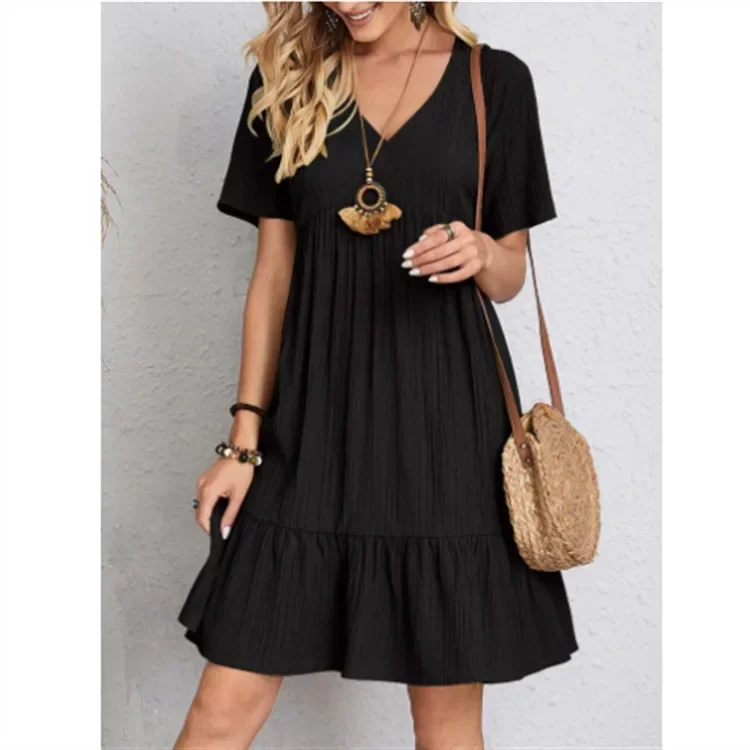 Kobiety Vintage Mini Sukienki 2025 Lato Solidne Casual V Neck Ruffles Sukienka Ladies Boho Loose Beach Party Eleganckie sukienki Vestidos