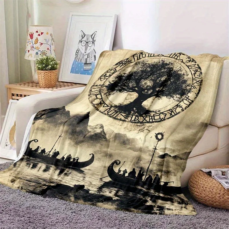 Vintage Viking Yggdrasil Rune Symbol Viking Boat Fog Mountain Print Soft Flannel Blanket Nordic Throw for Sofa Bedroom Home Use