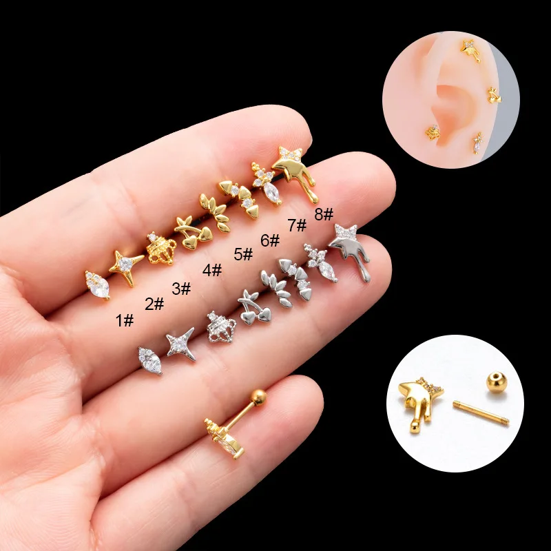 

1PC 20G Stainless Steel 0.8mm Thin Rod Stud Earrings Piercing Jewelry Crown Cherry Star Zircon Ear Bone Nails for Teens Ear Cuff