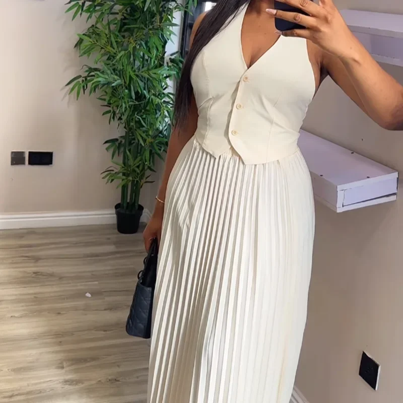 Women Pleated Dress Sets Vest Crop Top Straight White Elegant Long Skirt Two Piece Set Tank Top Work Summer Sexy Matching Sets