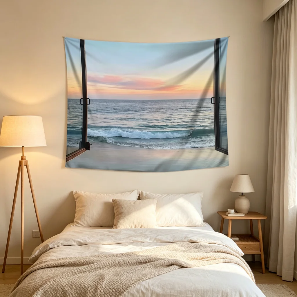 1PC Window Ocean View Print Backdrop Banner, Bedroom Living Room Photo Background, Polyester Wall Hanging, Home Decor, Wall Art