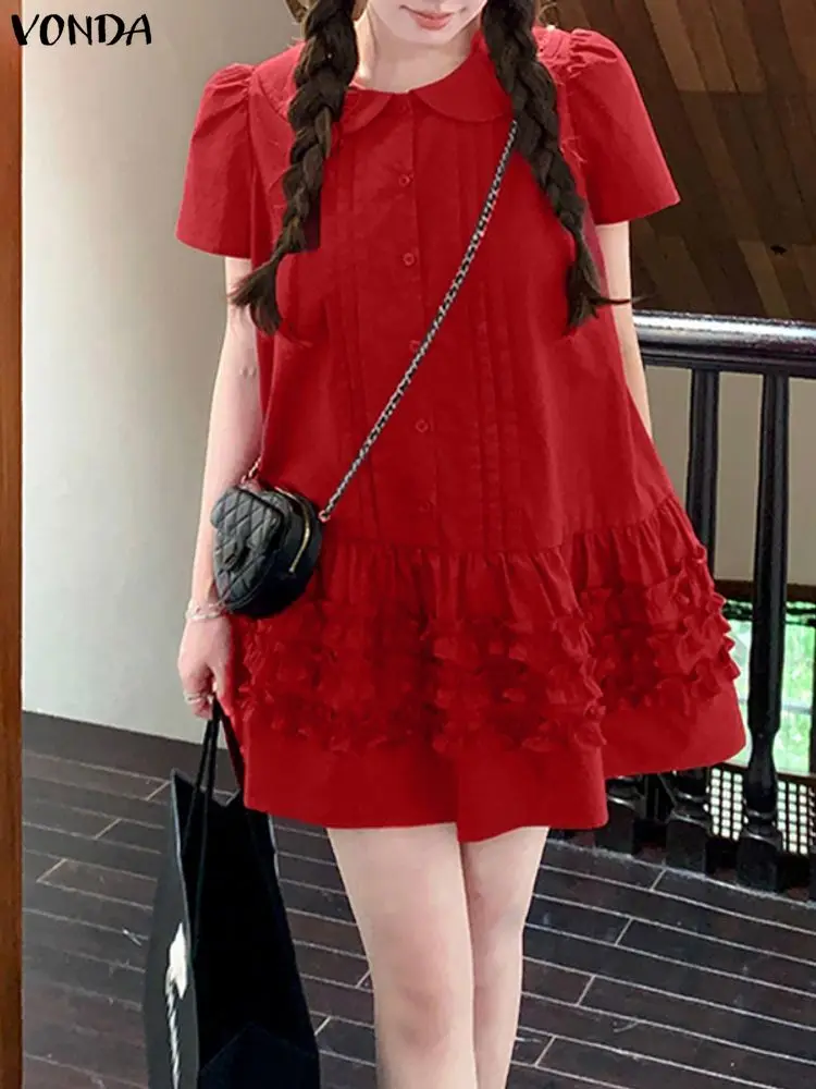 فساتين فوندا الحلوة للسيدات صيفية بأكمام قصيرة وياقة بيتر بان فستان صيفي مكشكش موضة 2025 فساتين صغيرة على شكل كعكة صلبة بطيات #1