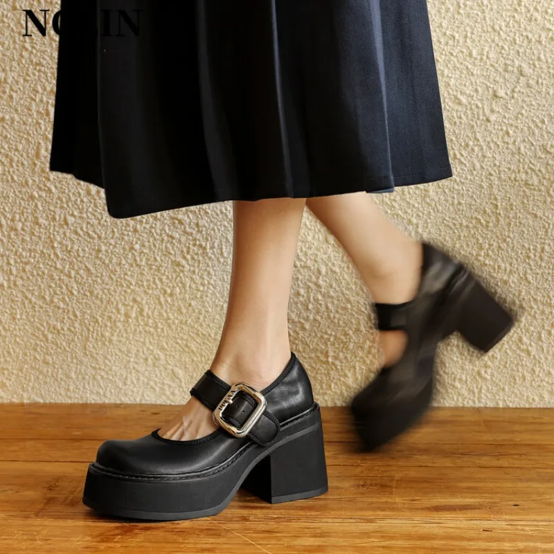 

Женские туфли мэри джейн на массивном каблуке, туфли на платформе с круглым носком, обувь из натуральной кожи с ремешком и пряжкой на высоком каблуке, весна-лето