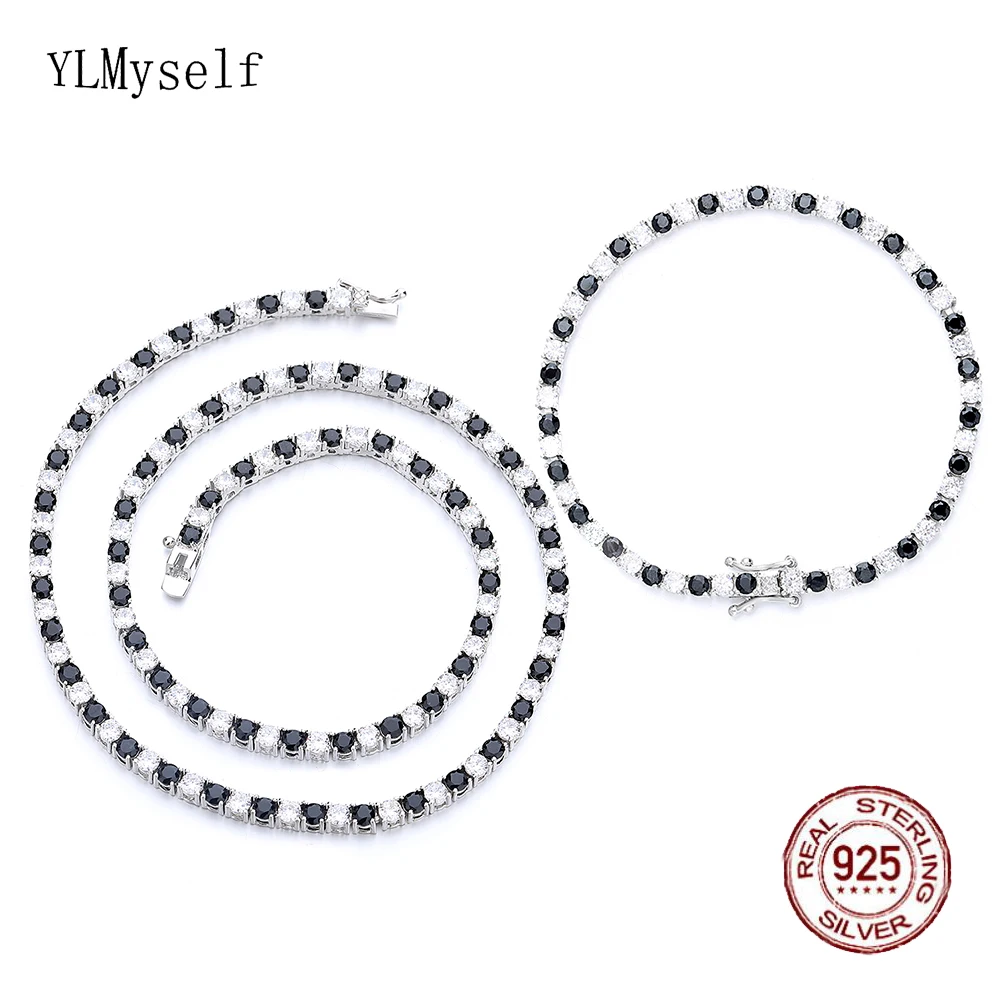 

2PCS SETS Solid 925 Sterling Silver Tennis Necklace+Bracelet Pave 3mm 1 Black Mix 1 White Cubic Zircon Jewelry