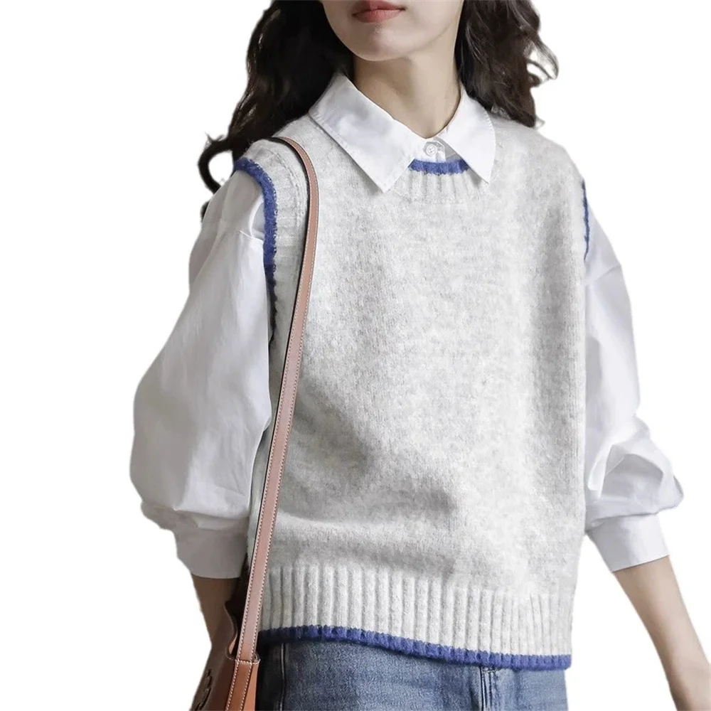 

2025 серый свитер, жилет, женский осенний вязаный свитер, базовый топ, жилет с круглым вырезом, винтажный свитер, жилет для женской одежды