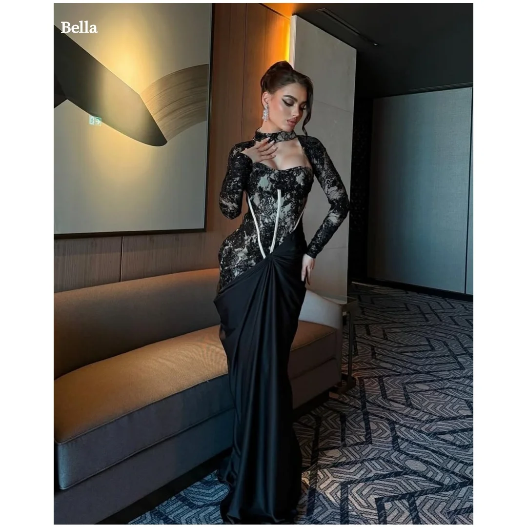 

Bella Индивидуальные черные платья с бретелькой на шее и длинными рукавами, кружевные вечерние платья без бретелек, платье для выпускного вечера длиной до пола