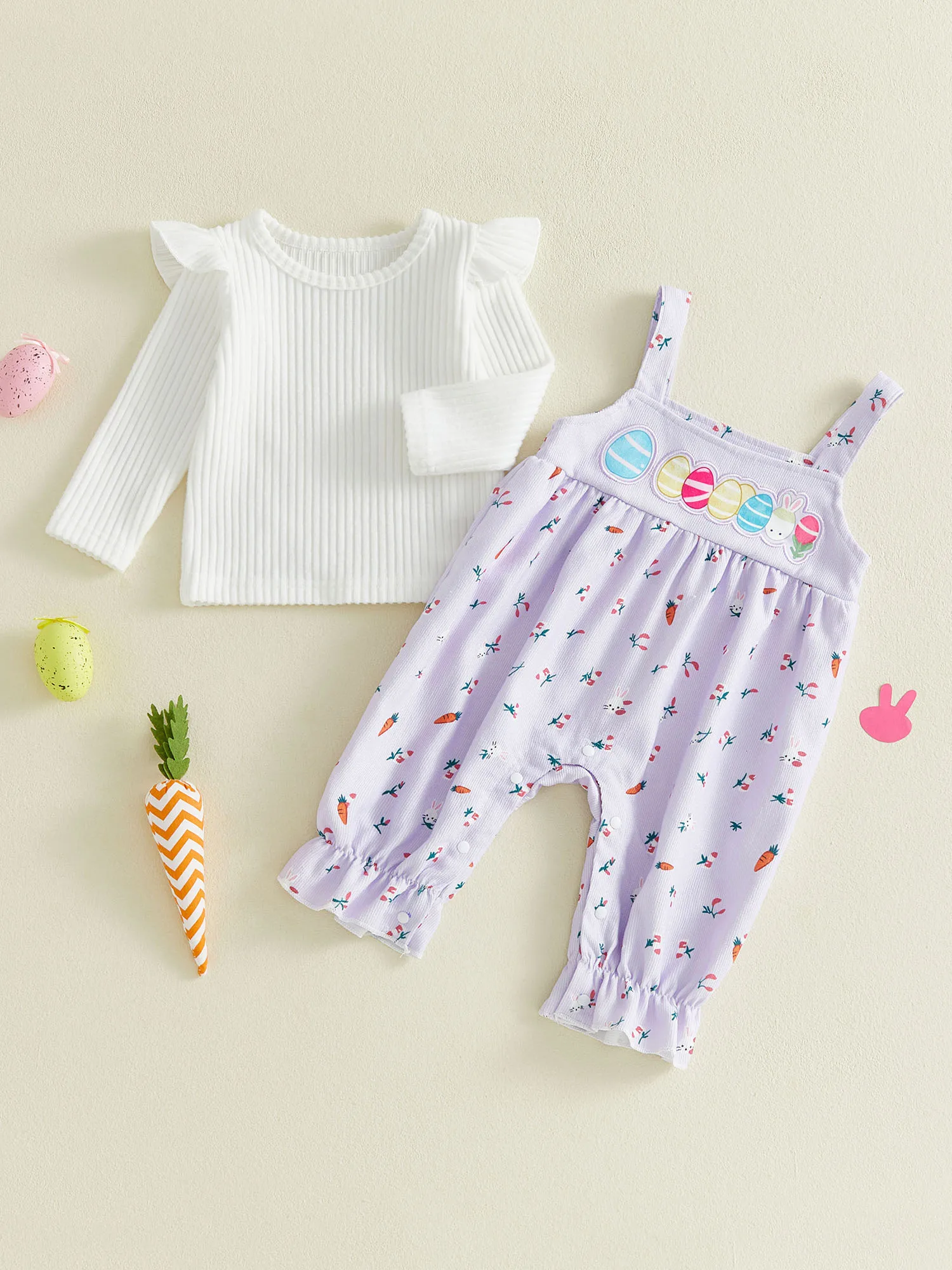 

Очаровательный пасхальный комплект для малышей: розовый топ с рюшами на рукавах и джинсовый комбинезон с вышивкой в виде кролика, 2 предмета, для девочек