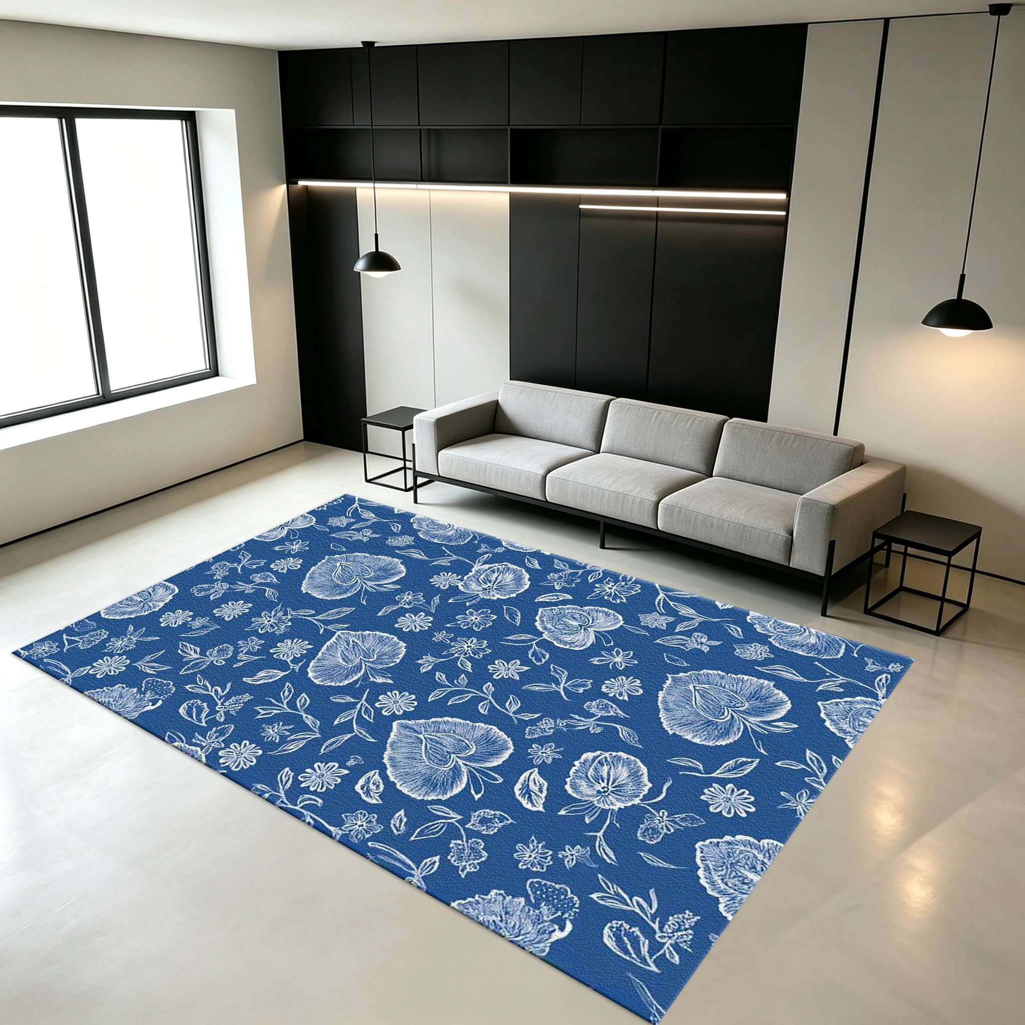 Blue Background White Sketch Floral Carpet Floor Vintage Hand-Painted Floral Non-Slip Floor Carpet