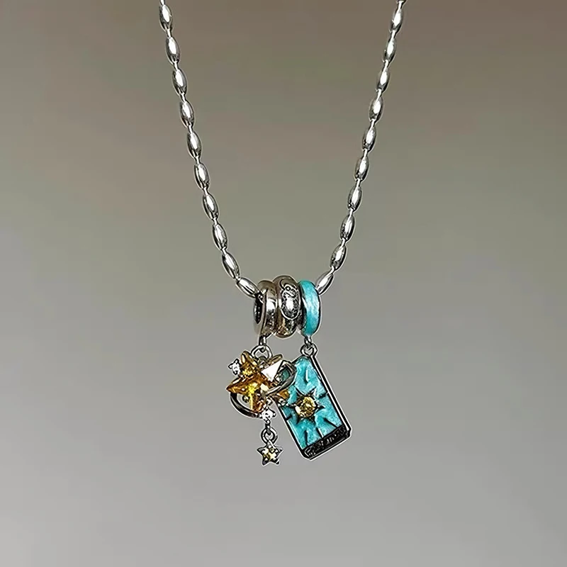Star Heart Tarot Card Pendant Necklace Simple Colorful Zircon Theme Collarbone Chain Neck Decoration Adjustable Women Jewelry