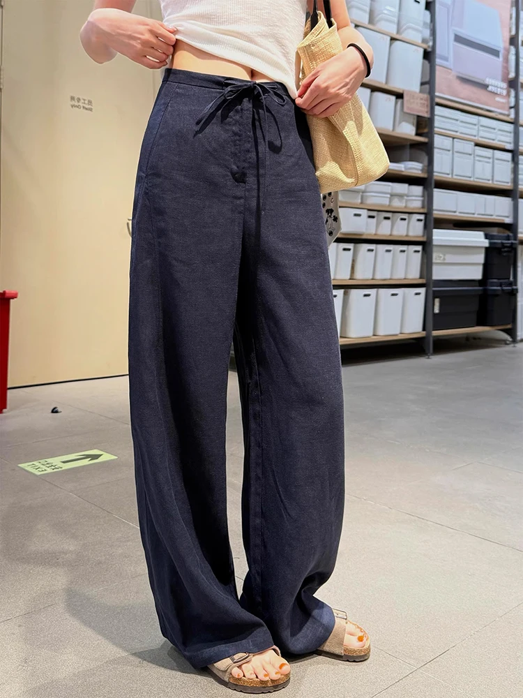 

Женские летние свободные брюки-палаццо из льна и хлопка с низкой посадкой, на шнурке, с молнией, прямые, в пол