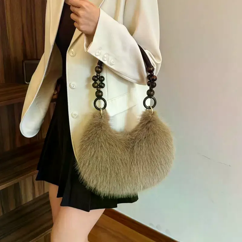 

Wooden Bead Handheld Solid Color Handbag Fashion Plush Women's Shoulder Bag Trendy Versatile Underarm Bag