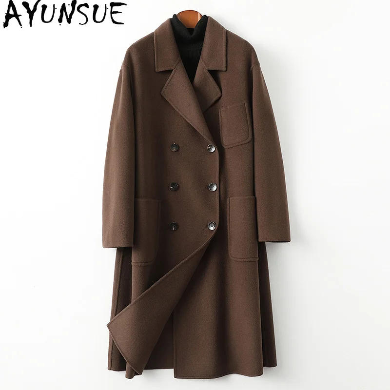 

AYUNSUE 2023 Fall Winter 69% Wool Coats for Women Elegant Double-sided Woolen Jacket Long Coat Suit Collar Wool Blends Jackets