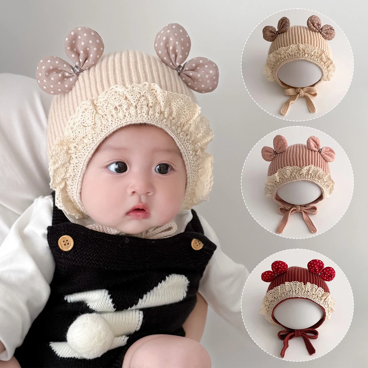 

Кружевная шапка с рюшами для защиты ушей для ребенка, теплый головной убор, зимняя шерстяная шапка для младенцев, вязаный крючком, От 2 до 24 месяцев, детские шапочки с бантом для девочек