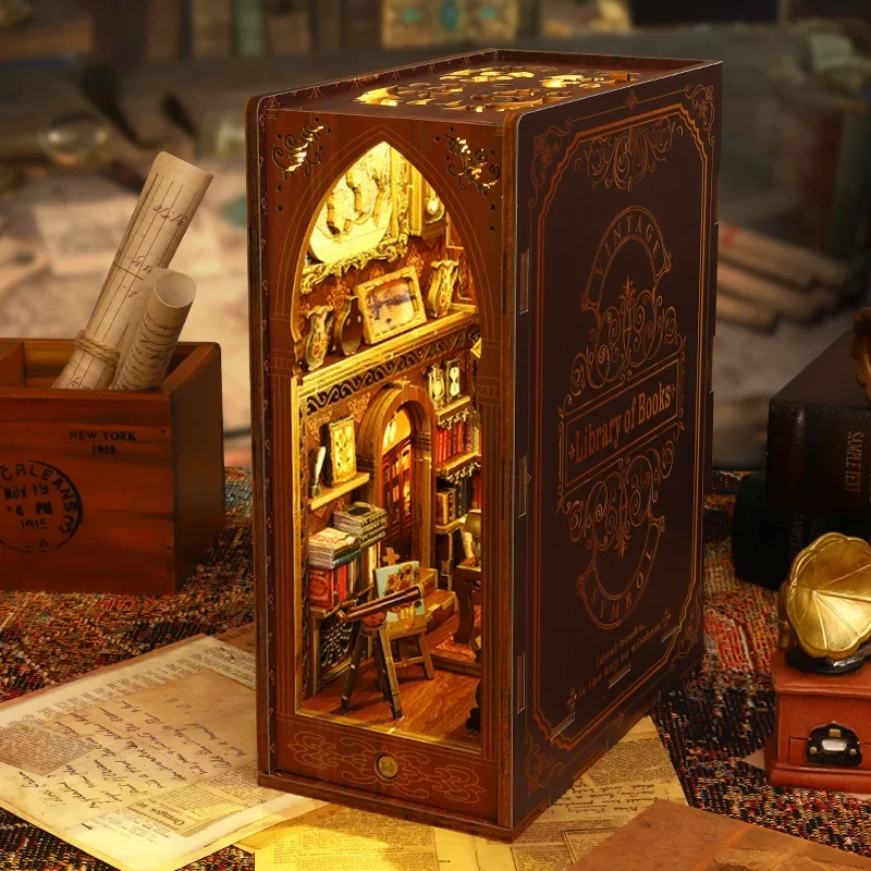Fai da te Libro in legno Nook Scaffale Inserto Casa Kit casa in miniatura Biblioteca Scaffale Camera Casa delle bambole Fermalibri Puzzle Giocattoli Adulti Regalo di Natale