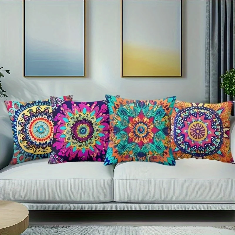 4 piezas de funda de almohada mandala bohemio de tres tamaños lavable en máquina con cremallera - Patrones florales y geométrico