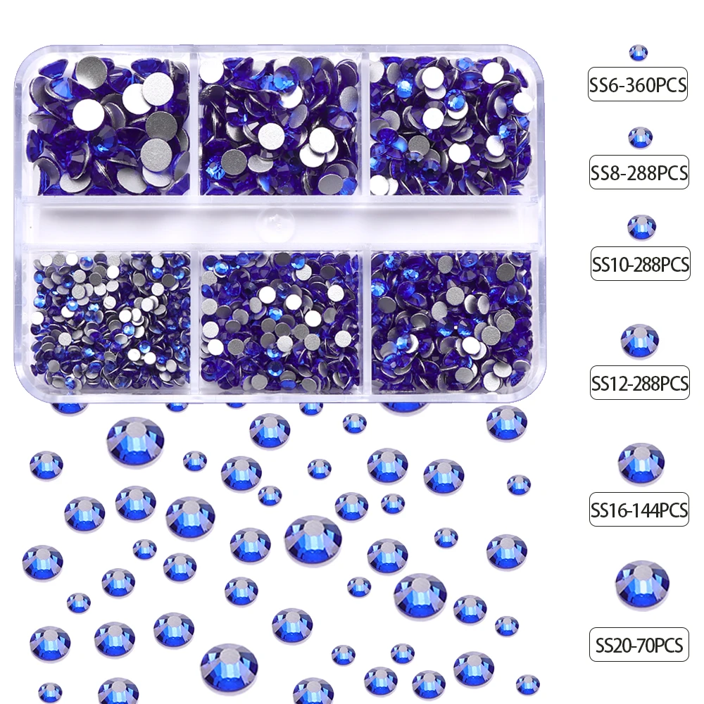 QIIY SS6-SS20 Mix Size Boxed 6 Grids Glass Non-Hotfix Rhinestones Flatback Crystal For Garment Wedding Dress Nail Art Decoration