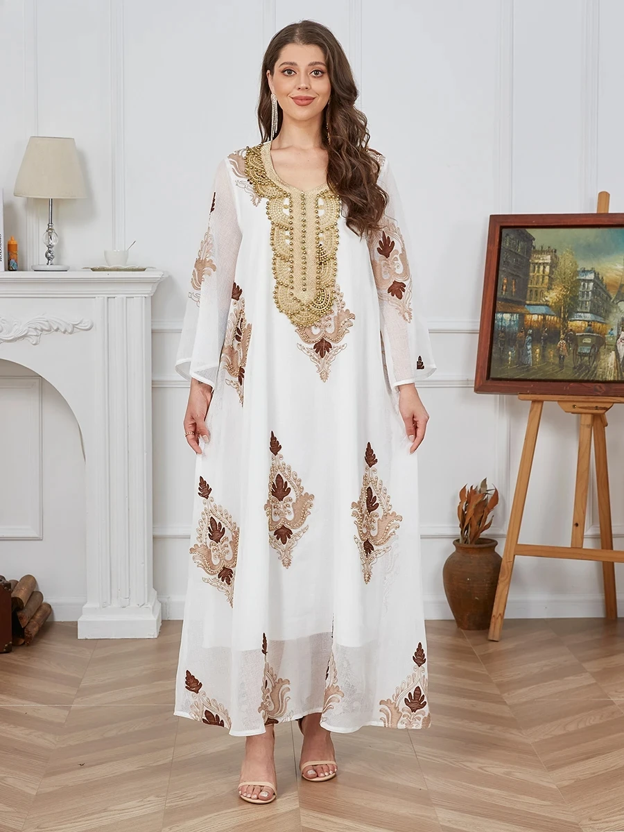 

Fashion White Casual Beading Floral Embroidery Evening Party Dress Long Sleeve O-Neck Loose Abaya Moroccan Gulf Women