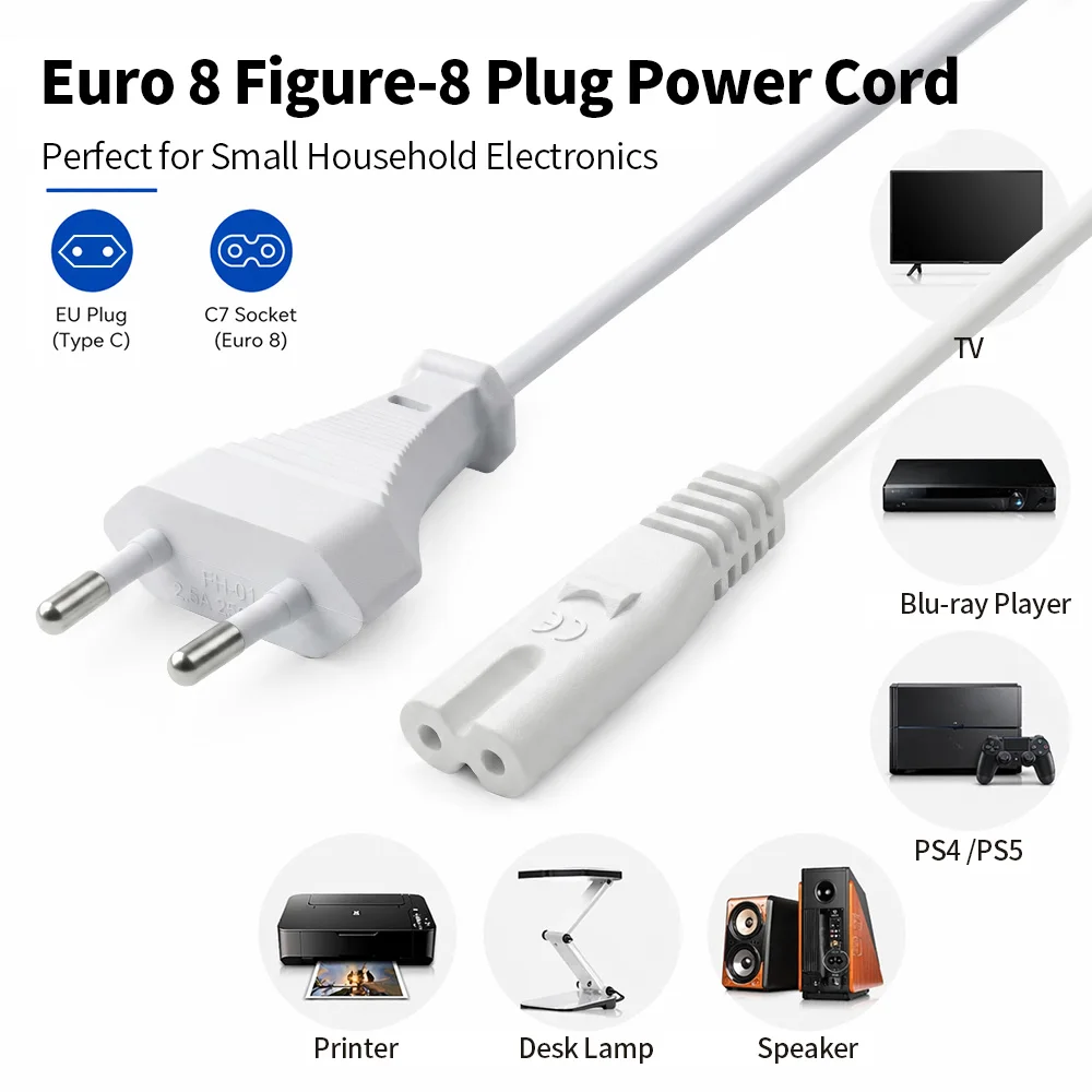 CILIA 3A 2-prong Korea Power Cord C7 Figure 8 Cable 1.5M Extension Socket 220V EU Plug,white/Black