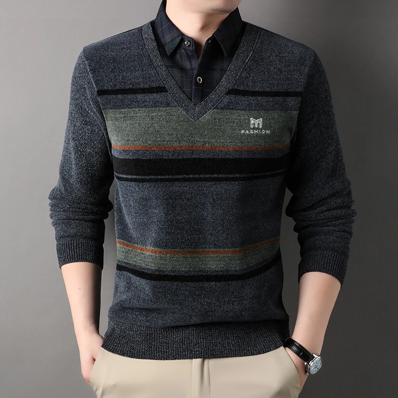 Winter New Fleece Sweater Men Thickened Pullover Striped Velvet Clothing Autumn Winter Crew Neck Jumpers Fashion Knitwear