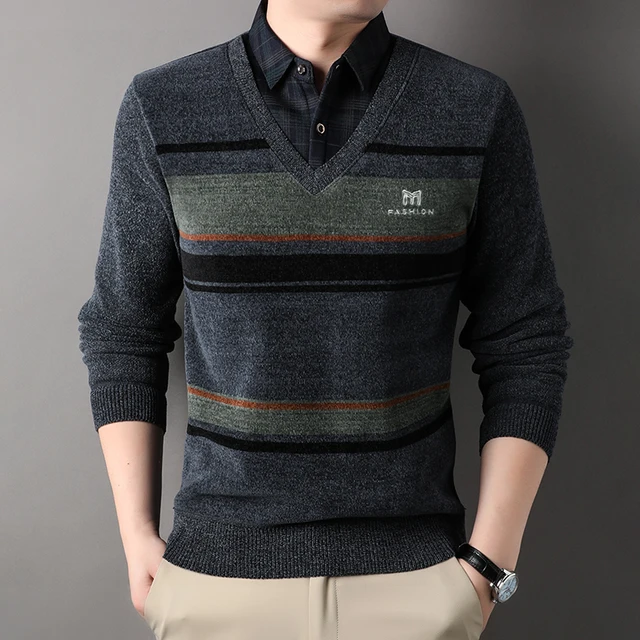Winter New Fleece Sweater Men Thickened Pullover Striped Velvet Clothing Autumn Winter Crew Neck Jumpers Fashion Knitwear 6