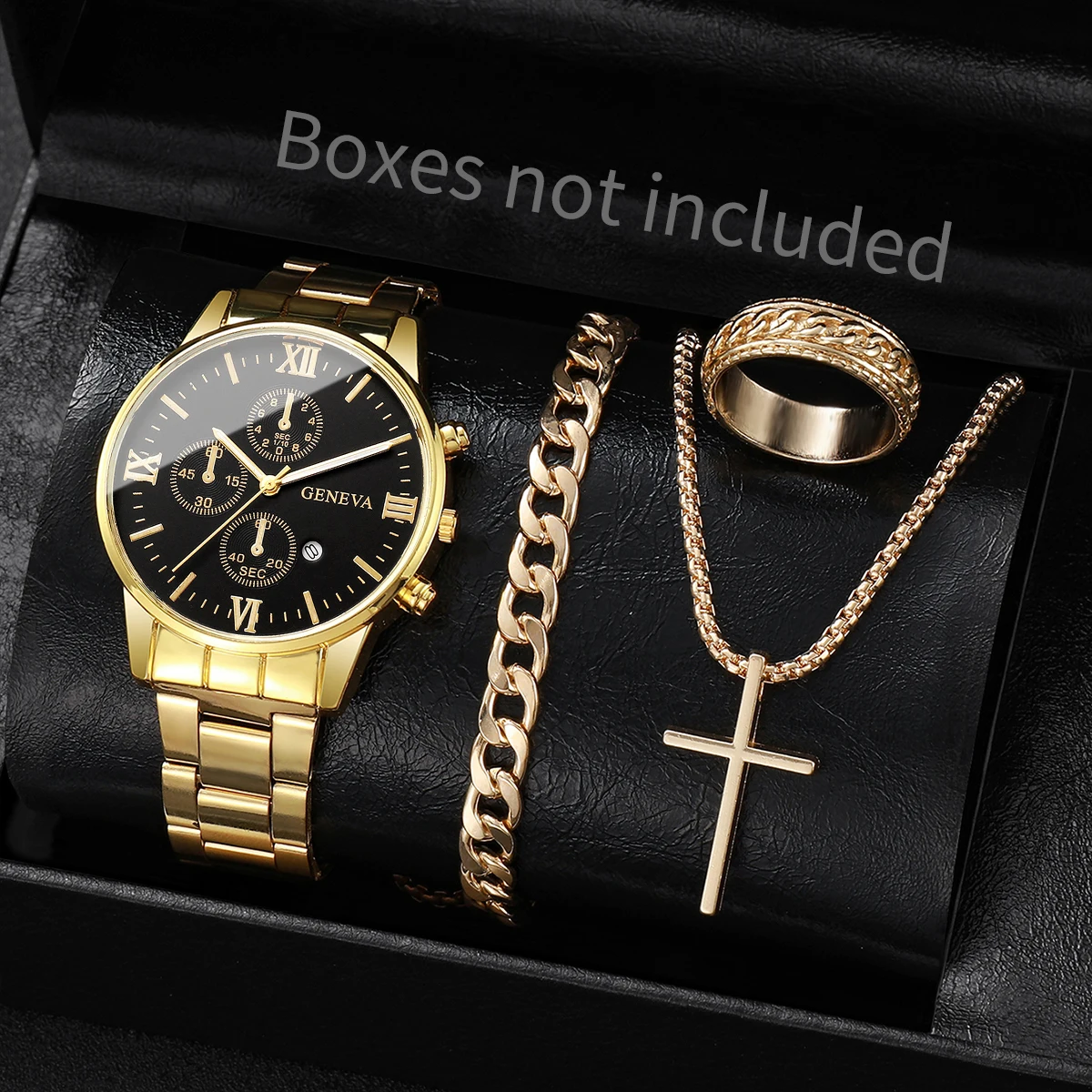 4pcs/set New Men's Trendy Watch Bracelet Necklace Ring Set Hip Hop Style Casual Men's Cool Quartz Watch Set (No Box)