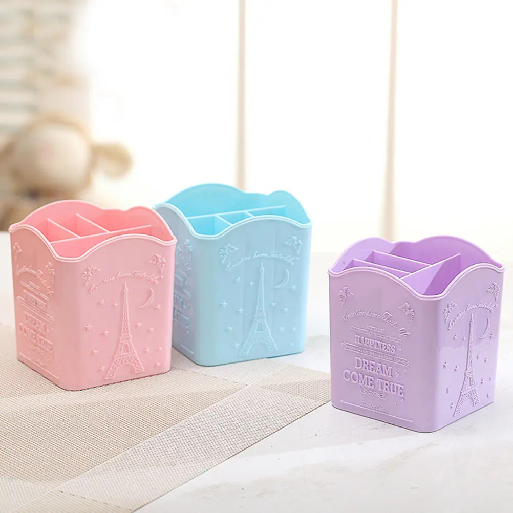 Four-Grid Desktop Organizer Tower Pattern Eiffel Design High-Durability PP Material Brush Stationery Nail Art Holder