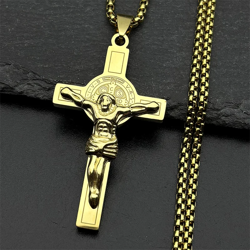Collar de San Benito Cspb para mujeres y hombres, cadena de crucifijo de Jesús de Color dorado de acero inoxidable, joyería san benito acero inoxidable