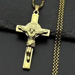 Saint Benedict Cspb Necklace for Women Men Stainless Steel Gold Color Jesus Crucifix Chain Jewery san benito acero inoxidable