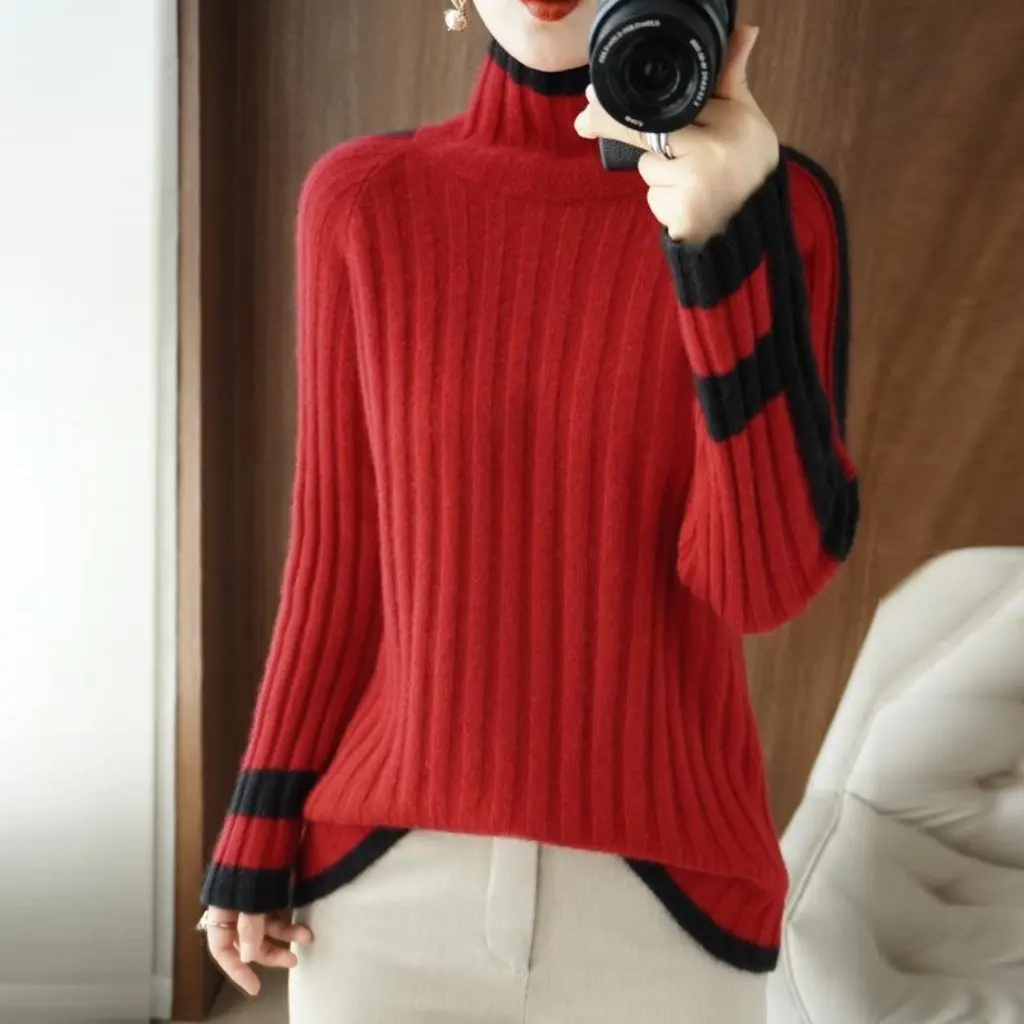 

Women's Pure Wool Sweater Stand Collar Long Sleeve Fashion Temperament Pullover Color Matching Base Layer Autumn Winter