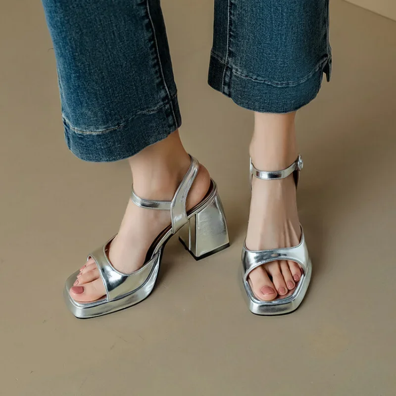 summer New styles fashion Fish beak Exposed toe high-heeled women\'s sandals golden silvery Buckle Square heel women sandals