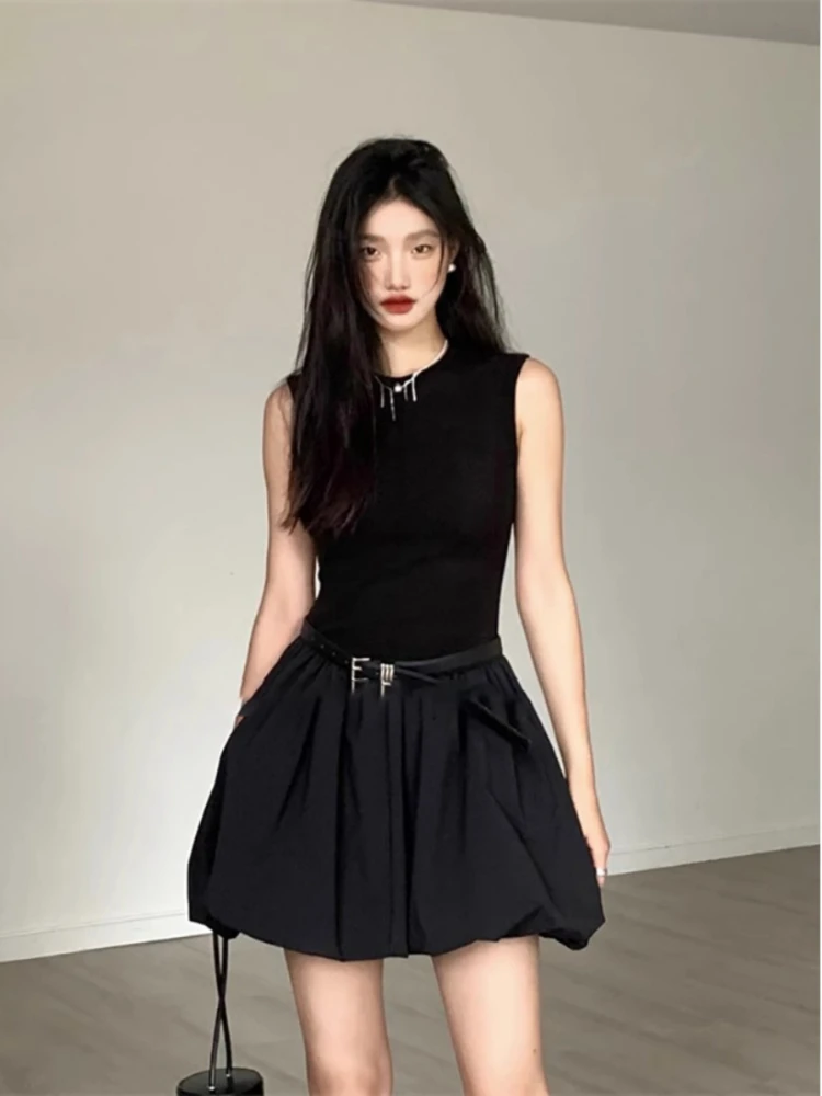 Vintage Mini Dress Women Sexy Backless Pleated Dresses Elegant Summer 2024 Sleeveless Dress Korea Fashion Street Lady Robe Beach