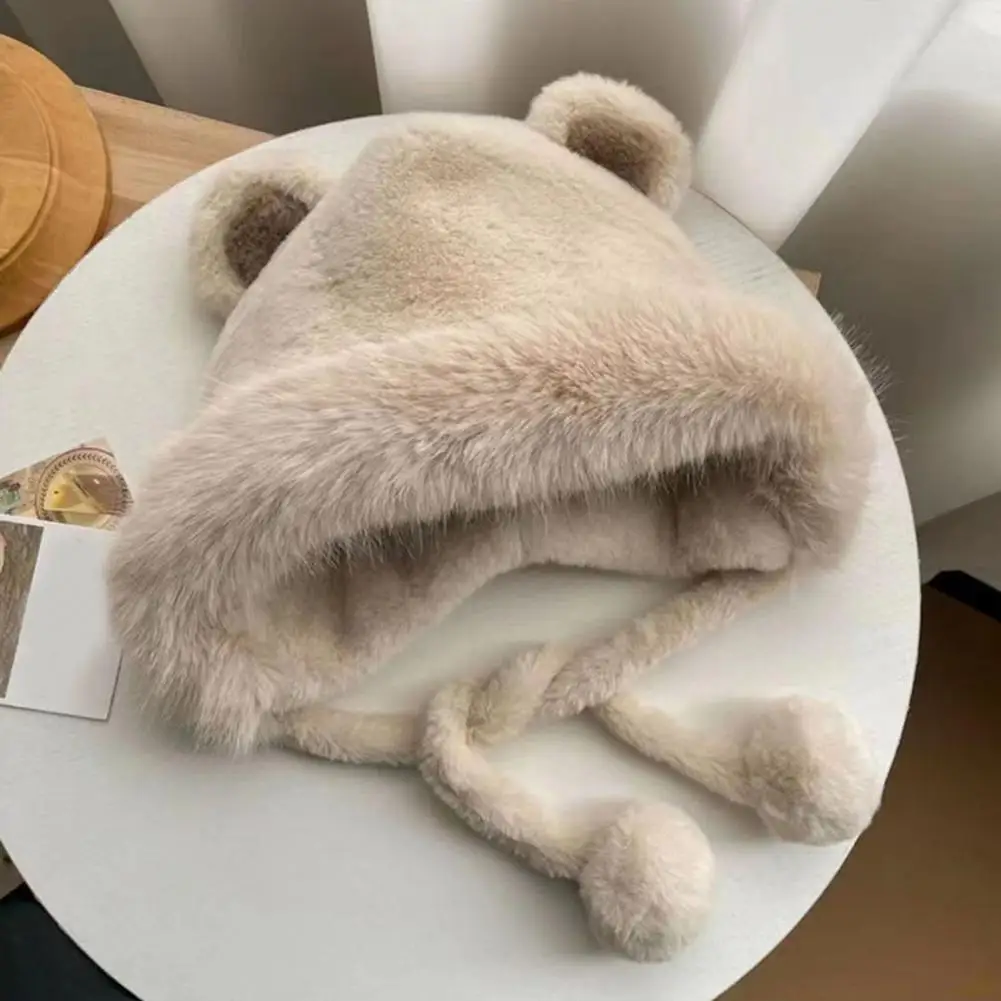 Solid Color Women Hat Women Plush Hat Soft Fuzzy Women's Plush Hat with Bear Ears Pompoms Strap Windproof Warm for Autumn