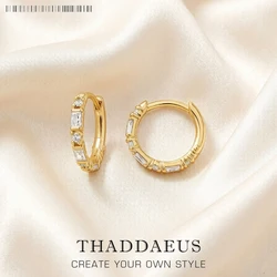 Gold Plated Hoop Earrings White Stone Europe Fine Jewerly For Women Vintage Gift In Solid 925 Sterling Silver