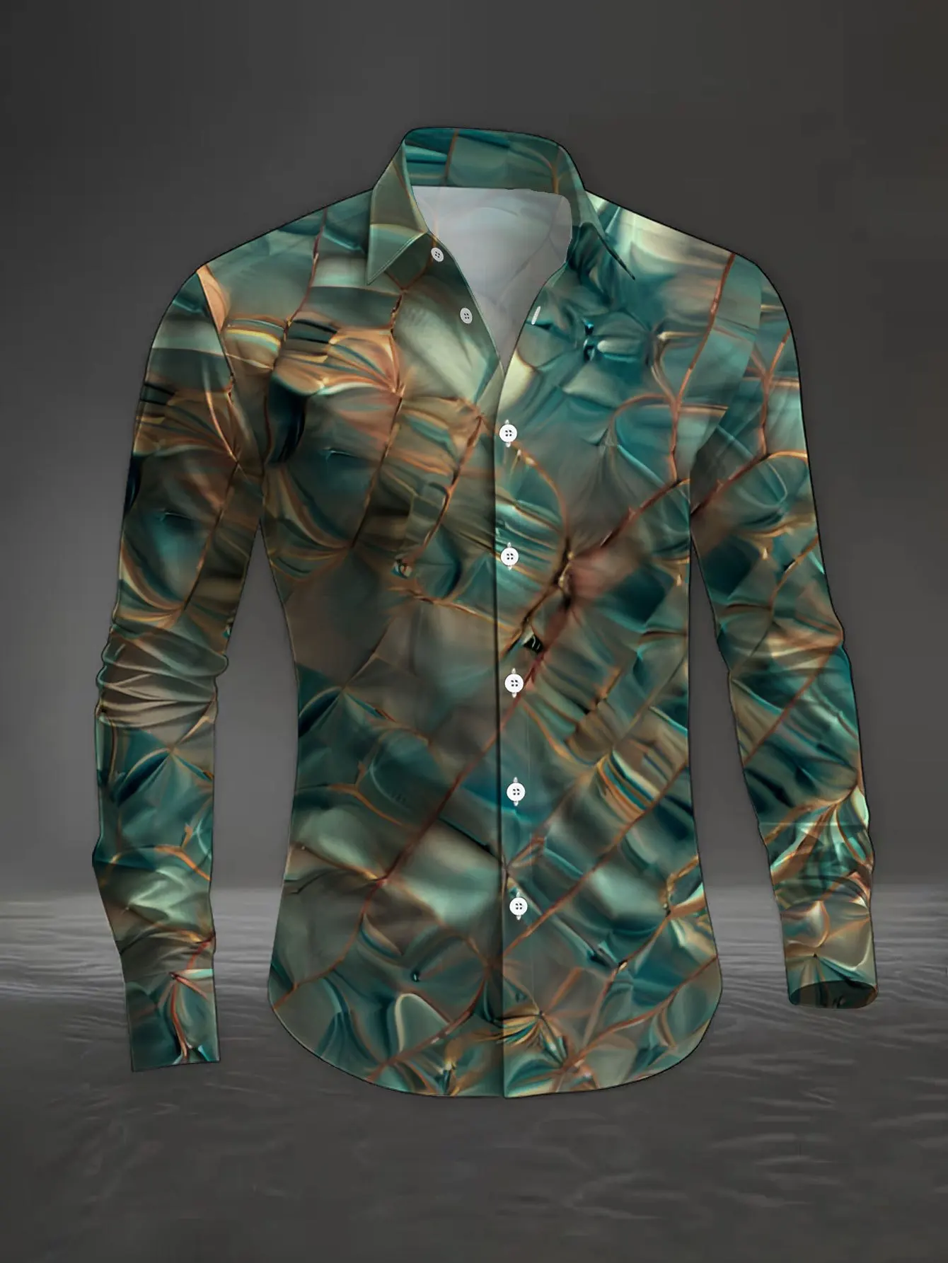 Men Lapel Collar Shirt Teal Base Golden Vein Liquid Marble Graphic Polyester Long‑Sleeve Top