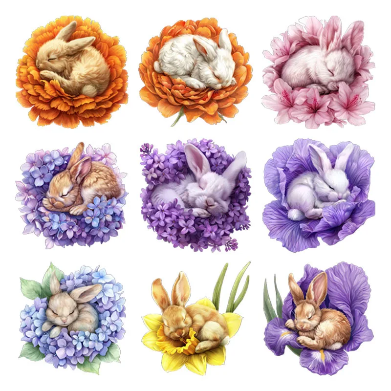 Flower rabbit sleep Easter bucket dtf Heat Transfer iron on transfer for clothing transfers ready to press T shirt iron clothes