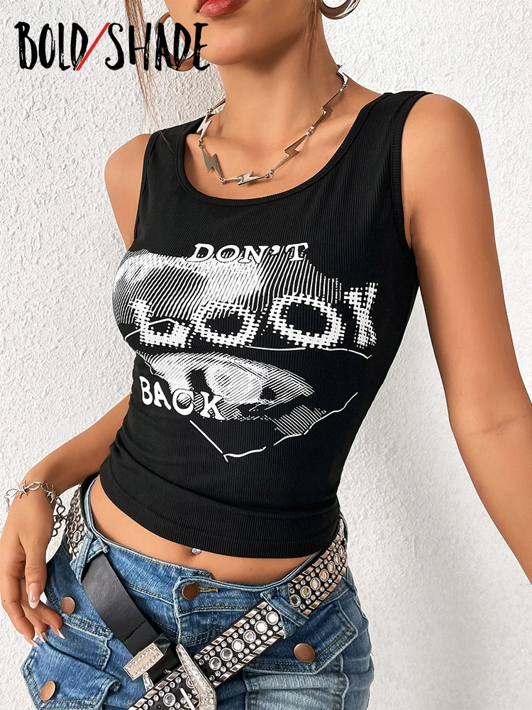 Bold Shade 90s Grunge Aesthetic Streetwear Tank Tops Mall Y2k Gothic Printed Ribbed Crop Top Punk Fashion Black Summer Clothing