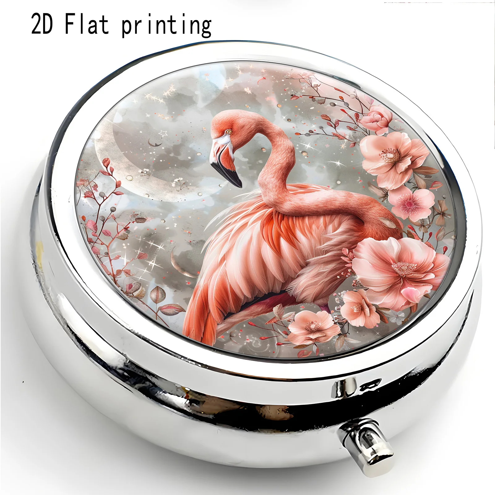 Single piece, flat print, flamingo with flowers, romantic floral scene, round three-compartment small box. Portable pill box, small accessory storage box. Suitable for handbags or travel use. A favorite among bird lovers, flat print design