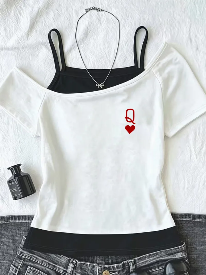 Casual T Shirt Women Fashion T-Shirt Off-Shoulder 90s Trendy Gothic 2000s Graphic Chic Girls T Shirt Y2k Tops Tee