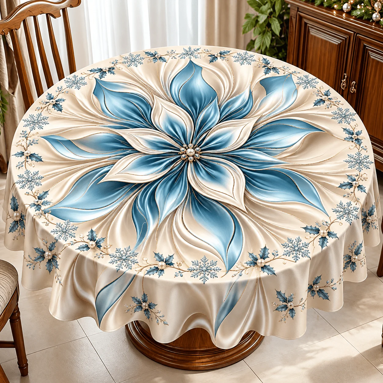 1 round tablecloth, the dining table is replaced with a winter atmosphere!  ice blue petals with champagne shading