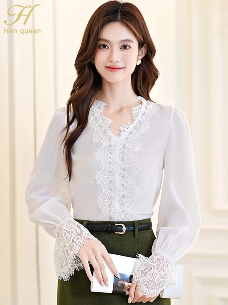 

H Han Queen Woman Clothes Autumn Lace Splice Work Casual Tops Loose Chiffon New Arrival Blouse Vintage Elegant Loose Women Shirt