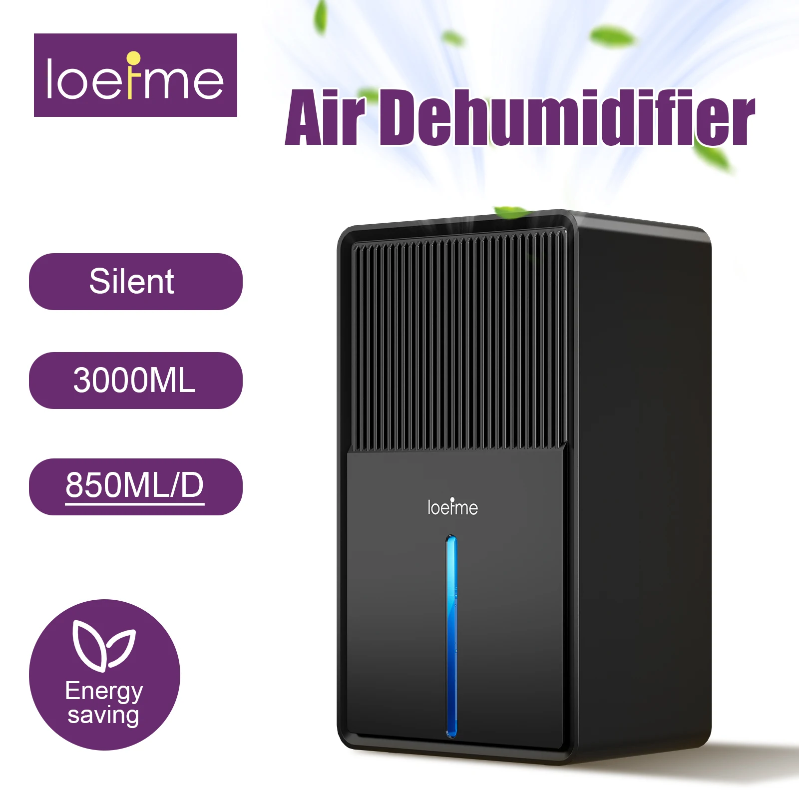 LOEFME B631 déshumidificateur 850 ml/jour 7 couleurs Mode de séchage de la lumière fonction de dégivrage Mode veille silencieux maison chambre 3L déshumidificateur d'air