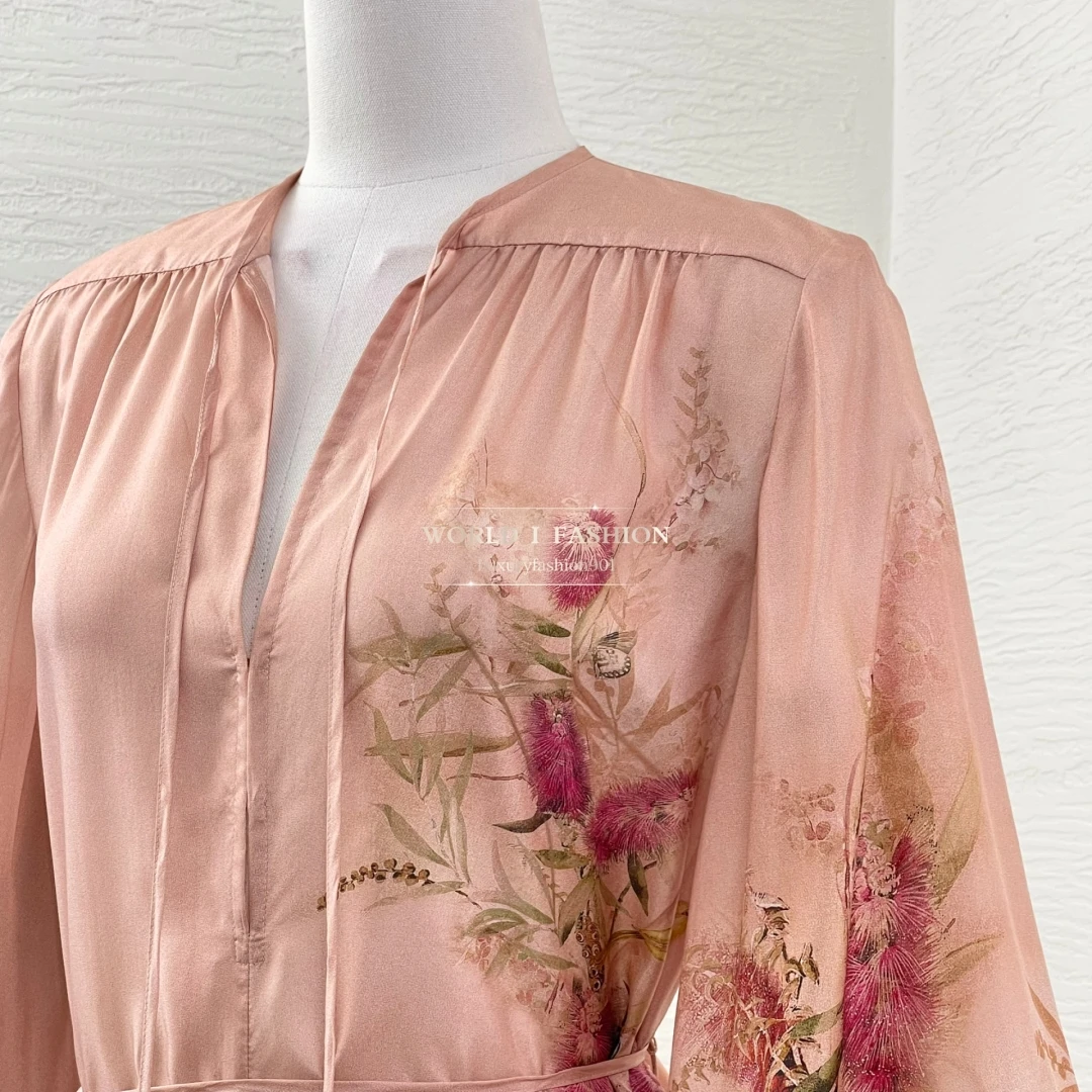 

Pink Long Sleeve Lantern Sleeve Floral Print Blouse Tops and Pants Set