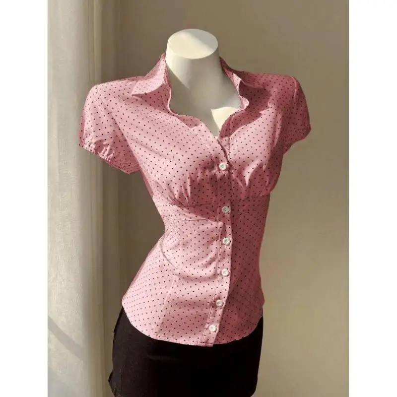 

New Sle Polka Dot Print Slim Fit ort Sve irt Turn-down Collar Women's Faion Blouse Comfortable Polyester Material