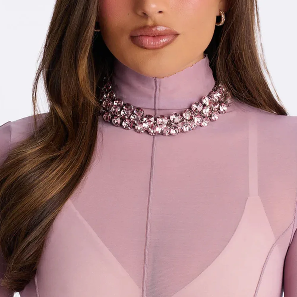 Luxury Charm Pink Rhinestone Chain Necklace Women Elegant Trendy Designer Inspired Cut Crystal Stackable Collar Wholesale 2026
