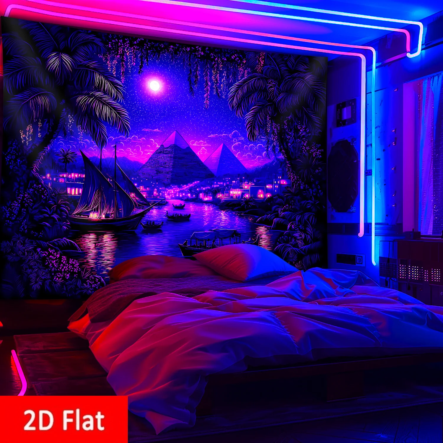 2D Flat, 1pc Large Light Beige Tapestry - Egyptian Pyramids & Nile River Night Scene with  Giza Pyramids, Sphinx
