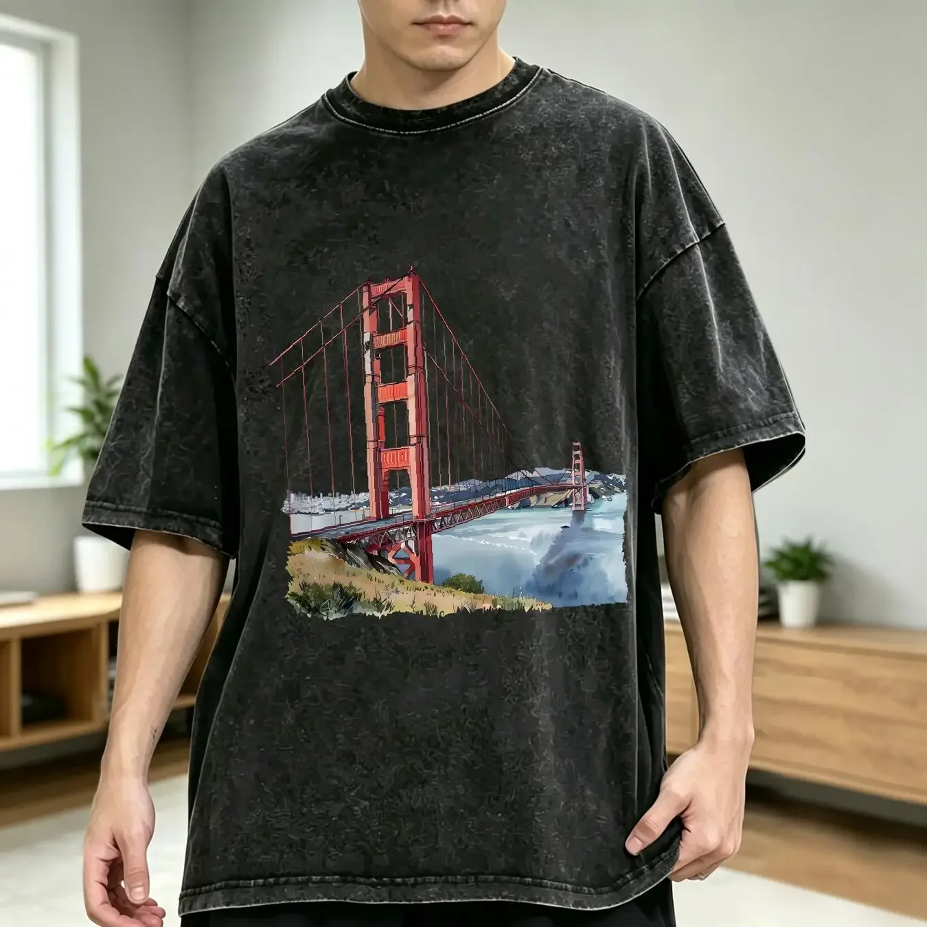 washed T Shirt Golden Gate Bridge long or short sleeves vintage Washed Unisex Slightly Casual Breathable fashion homme